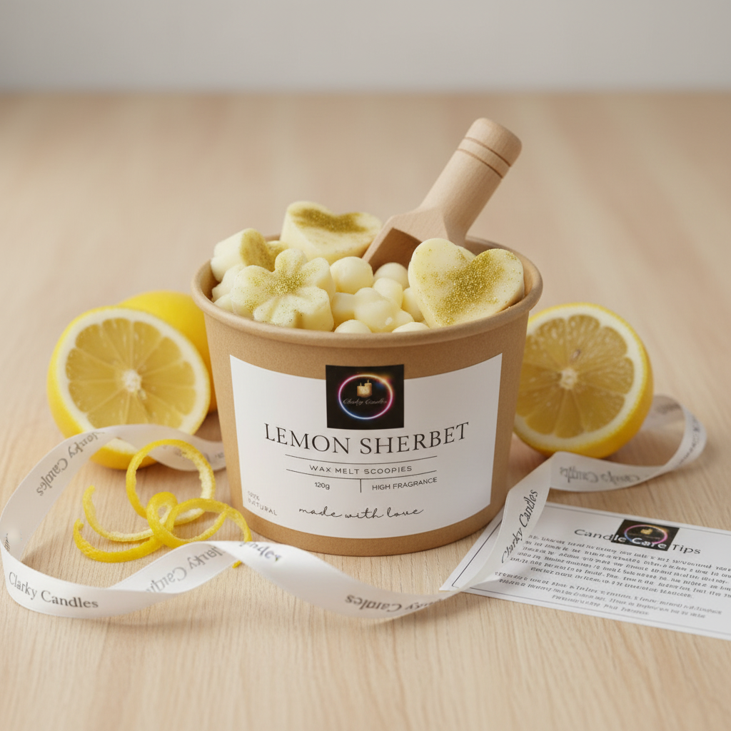 Lemon Sherbet Wax Melt Scoopies in a brown container with heart and flower shapes, fresh lemon slices, and a wooden scoop on a wooden tray.