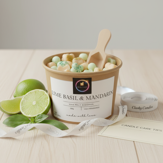 Wax Melt Scoopies Lime Basil & Mandarin 120g container with fresh limes and basil leaves on wooden surface by Clarky Candles
