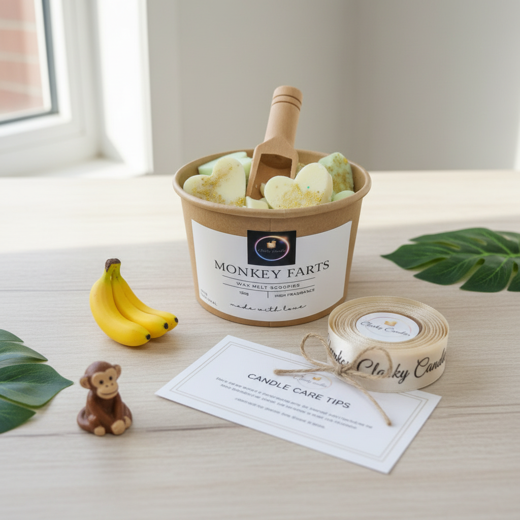 Monkey Farts Wax Melt Scoopies 120g container with heart-shaped wax melts, mini bananas, and care tips on table