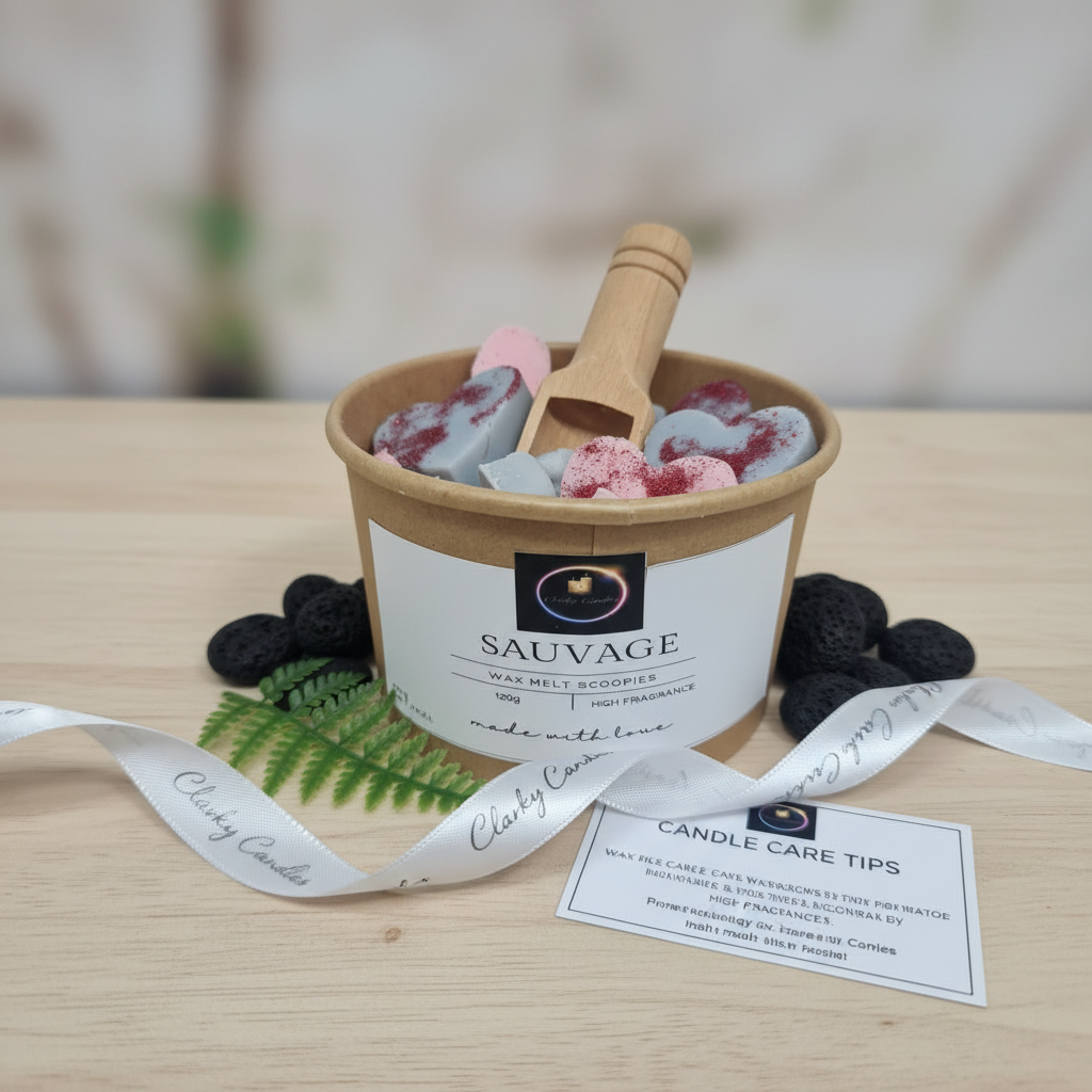 Wax Melt Scoopies Sauvage 120g with wooden scoop, designer-inspired wild and sophisticated fragrance by Clarky Candles