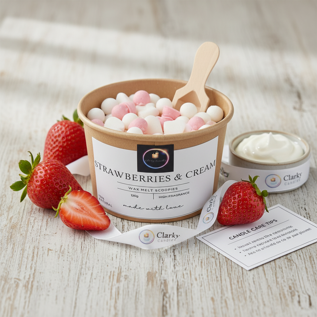 120g Wax Melt Scoopies Strawberries & Cream with fresh strawberries, creamy scent, and wooden scoop by Clarky Candles