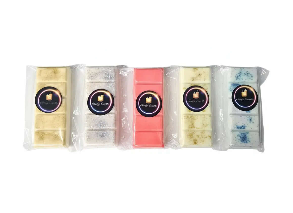 Five wax melt snap bars in various colors, showcasing scents for fragrance enthusiasts.