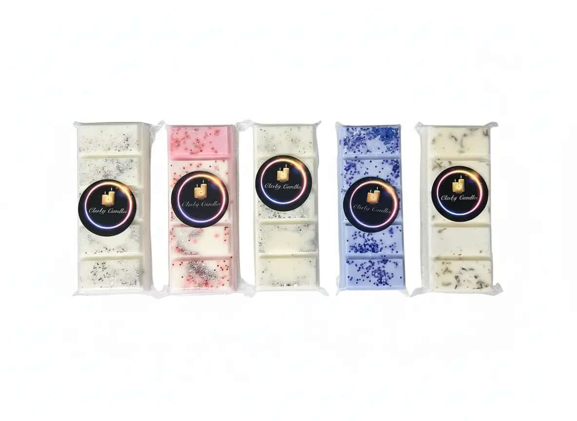 Wax melt snap bars selection boxes featuring five colorful wax melt snap bars in various scents.