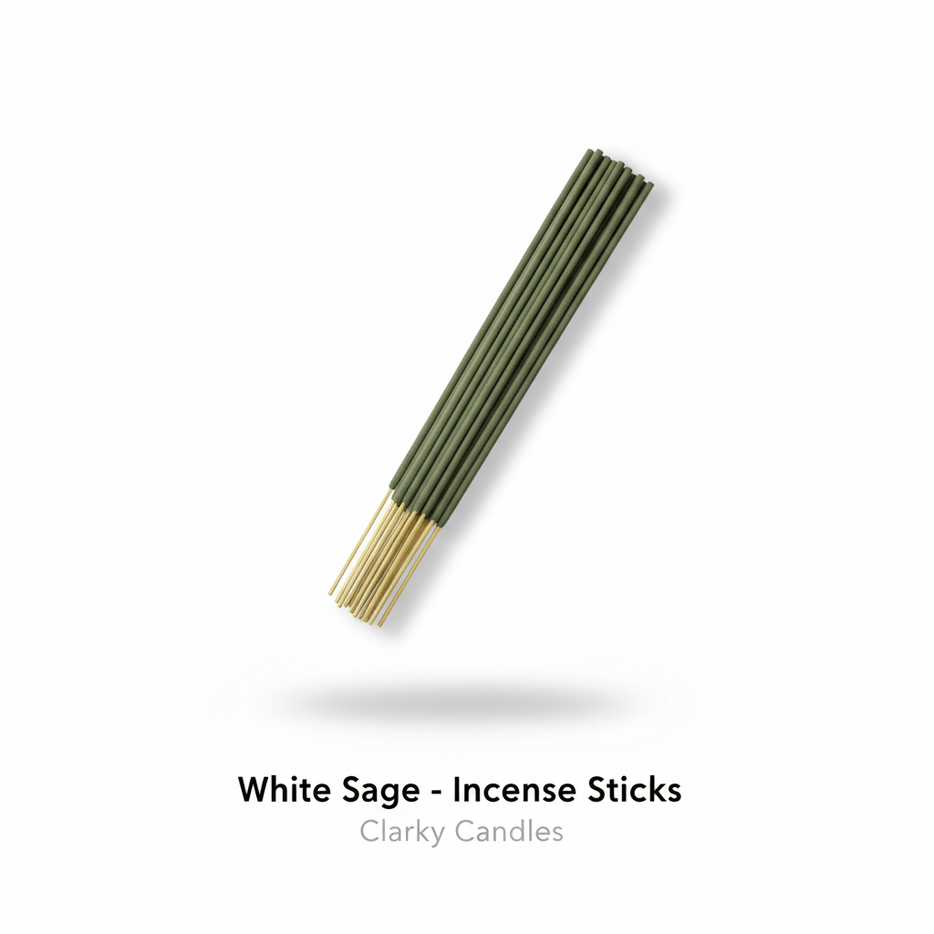 White Sage incense sticks bundle on white background with label White Sage - Incense Sticks