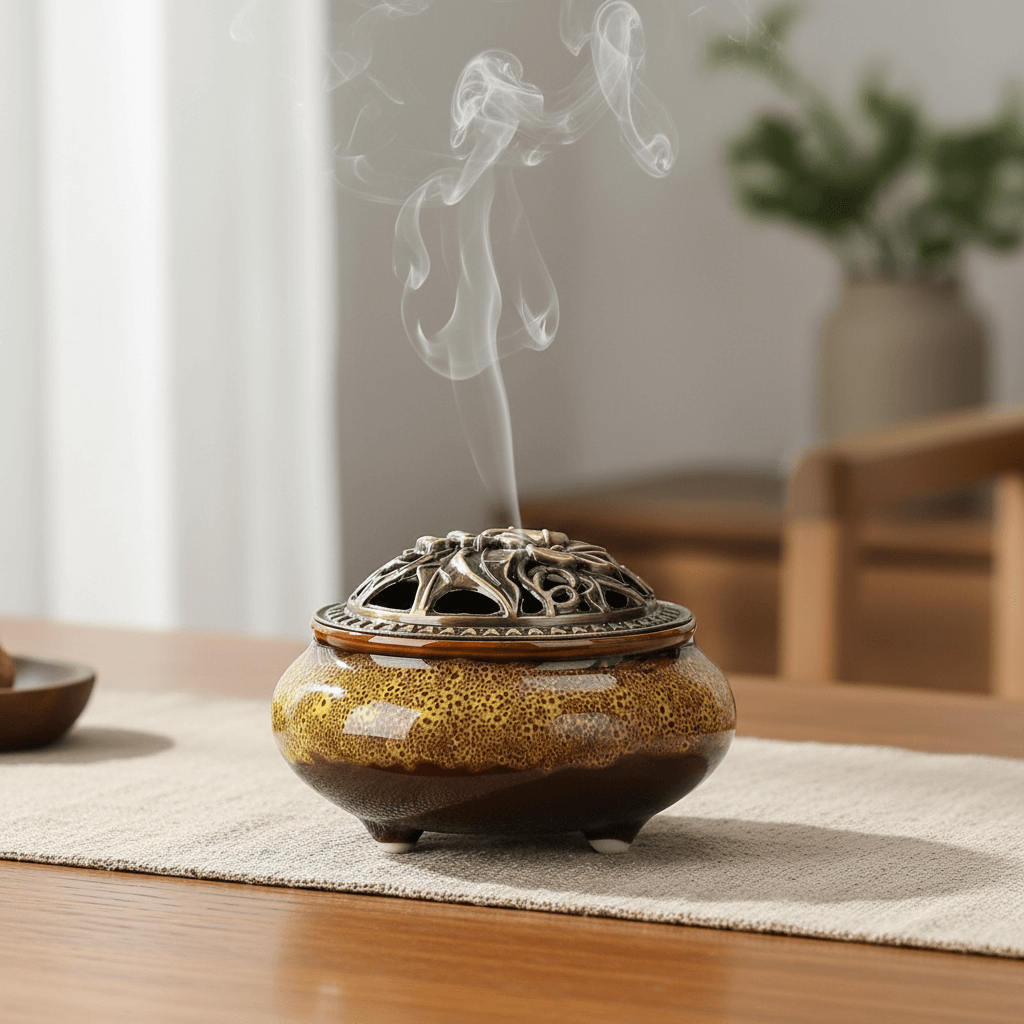 Yellow ceramic incense burner kiln with decorative lid releasing smoke on a table