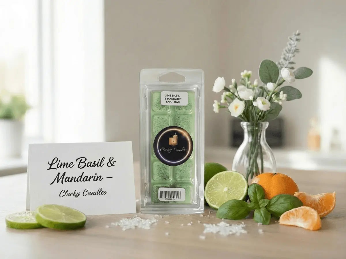 Lime Basil & Mandarin Wax Melt Snap Bar displayed on a table with citrus fruits and flowers.